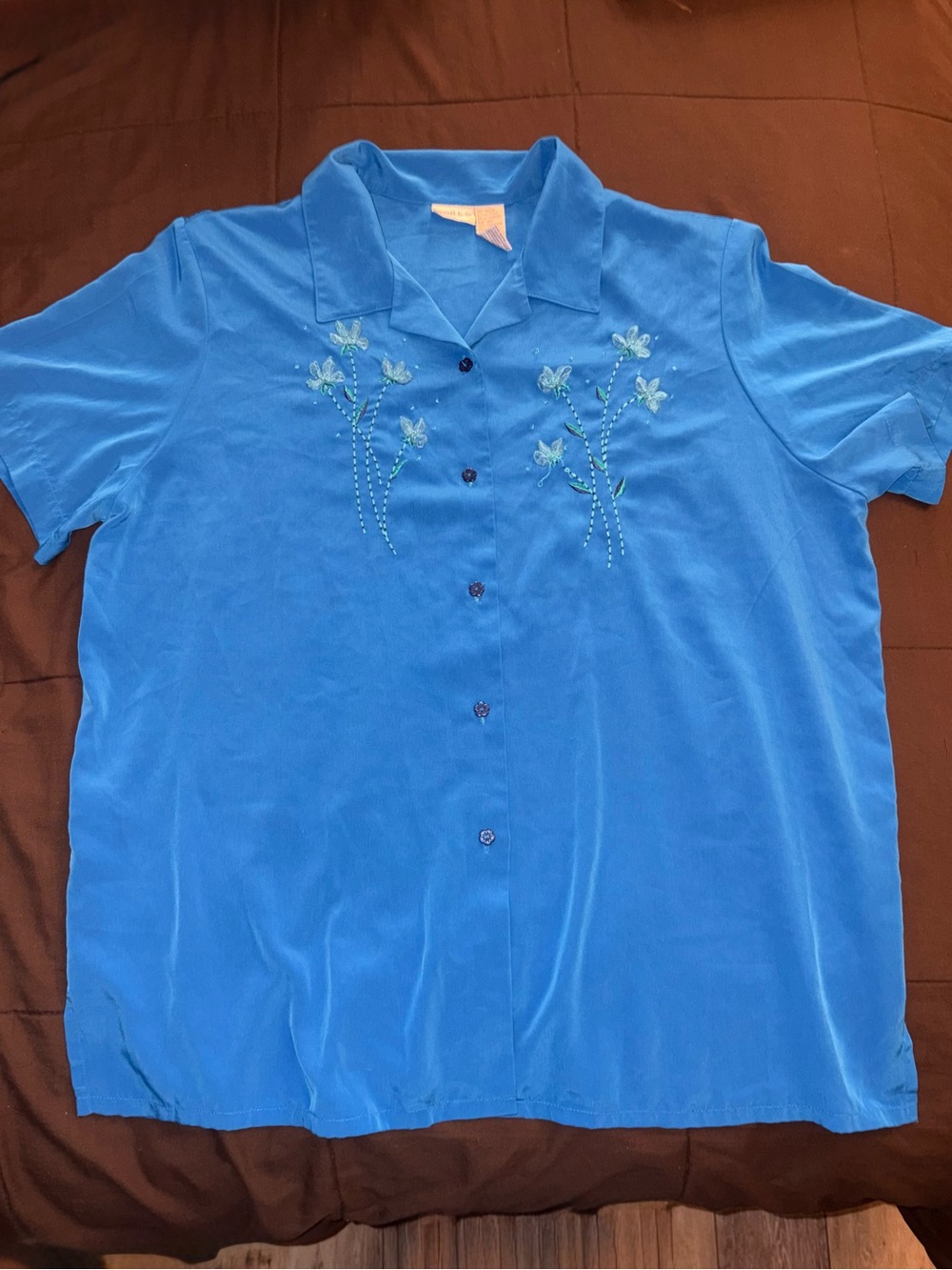 Koret Vintage Blue Short-Sleeve Button Front Top with Floral Detail 18W